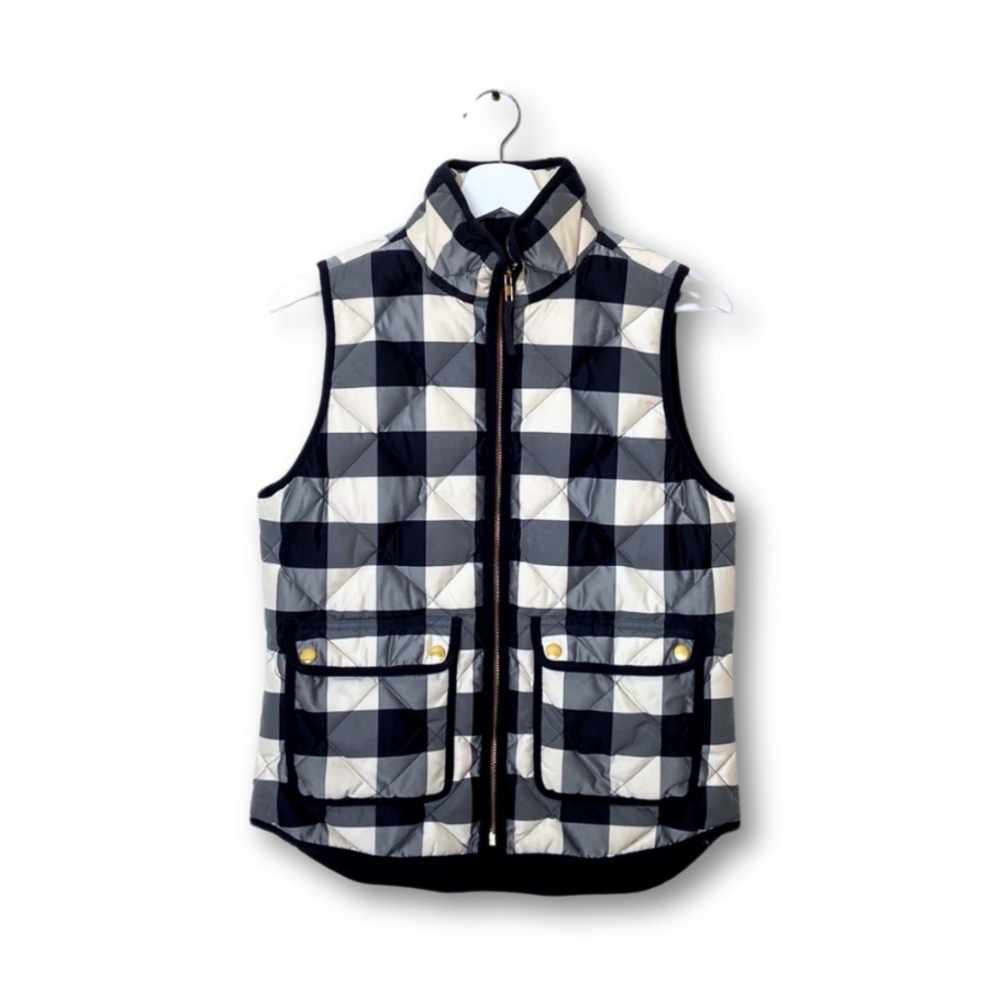 J. CREW NAVY AND WHITE PLAID DOWN-FILLED VEST SIZE XS